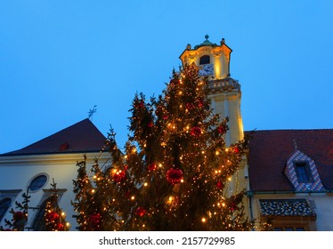 Christmas Tree And Cathedral . Jesuit Church In Bratislava . Old Town Hall In Bratislava Slovakia