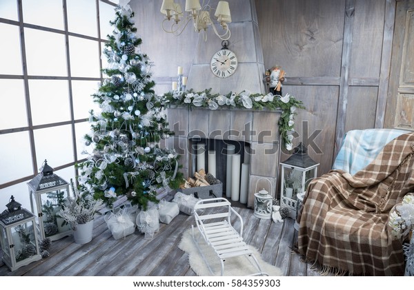 Christmas Tree Clock Chair Candles Fireplace Stock Photo Edit Now