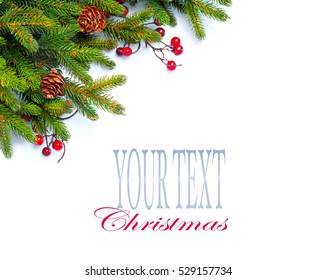 Christmas Tree with Cones border isolated on a White background. New Year holiday evergreen tree, Xmas green art corner design. Branches of fir tree decorated with holly berry and cones. Winter.