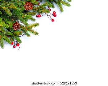 Christmas Tree With Cones Border Isolated On A White Background. New Year Holiday Evergreen Tree, Xmas Green Art Corner Design. Branches Of Fir Tree Decorated With Holly Berry And Cones. Wintertime.