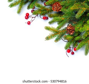 Christmas Tree With Cones Border Isolated On A White Background. New Year Holiday Evergreen Tree, Xmas Green Art Corner Design. Branches Of Fir Tree Decorated With Holly Berry And Cones. Winter