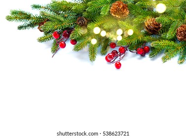 Christmas Tree With Cones Border Isolated On A White Background. New Year Holiday Evergreen Tree, Xmas Green Art Corner Design. Branches Of Fir Tree Decorated With Holly Berry, Cone, Light Garland.