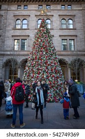 Christmas Tree In Courtyard Of Lotte New York Palace Hotel With People Taking Pictures On Christmas Day - December 25, 2016, Madison Avenue, New York City, NY, USA