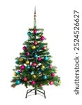 Christmas tree decorated with blue, yellow, pink baubles isolated on white background