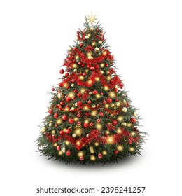 Christmas tree decorated with ornaments and festive lights isolated on white - Powered by Shutterstock