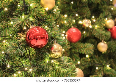 Christmas tree decoration bulb, fir tree, christmas lights background.