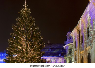 Christmas Tree And Decoration Lights (projection Video Mapping On Buildings) In Sibiu Main Square, Transylvania, Romania