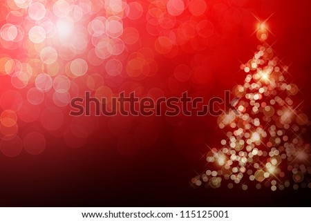 Christmas tree with defocused lights. Red background
