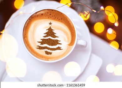 Christmas Tree ,drawing On Latte Art Coffee Cup