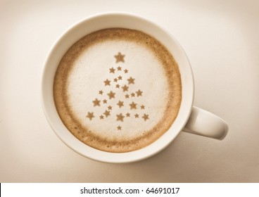 Christmas Tree ,
Drawing On Latte Art Coffee Cup