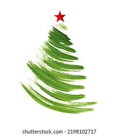 Christmas tree drawn with a brush with a red star on top on a white isolated background