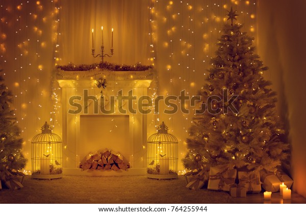Christmas Tree Fireplace Decorated Xmas Home Stock Photo Edit Now