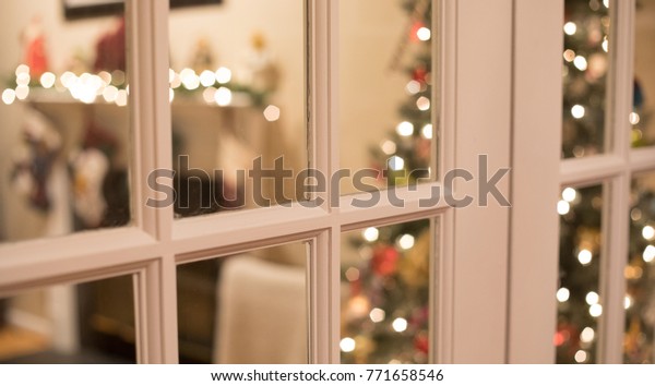 Christmas Tree Fireplace Mantle Through Window Stock Photo Edit