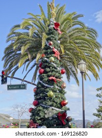 Christmas Tree In Front Of King Palm, Distinctive Southern California Holiday Street In City Of Camarillo