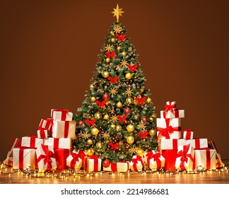 Christmas Tree with Gifts in room. Big Stack of White Presents with Red Ribbon. Gift Boxes next to Xmas Tree decorated with Golden Baubles, shining Lights, Star and Toys over brown