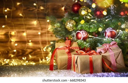 Christmas Tree With Gifts, Rustic Background