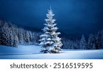 Christmas tree glowing brightly in the winter snow, set against deep blue tones, creating a magical holiday scene