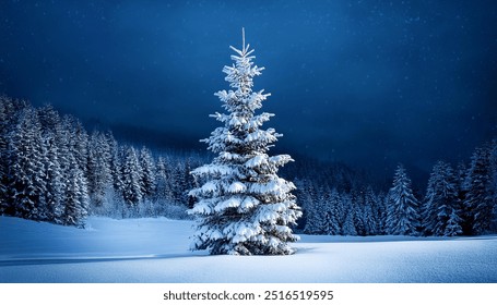 Christmas tree glowing brightly in the winter snow, set against deep blue tones, creating a magical holiday scene - Powered by Shutterstock