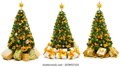 Christmas Tree With Golden Ornaments And Gifts Isolated Over White Background, Set Of Green Xmas Tree With Present Boxes