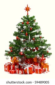Christmas tree with heap of red gift boxes decorated with satin ribbon isolated on white background
