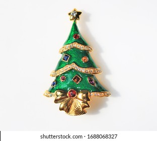 Christmas Tree Holiday Green Enamel Rhinestones Brooch