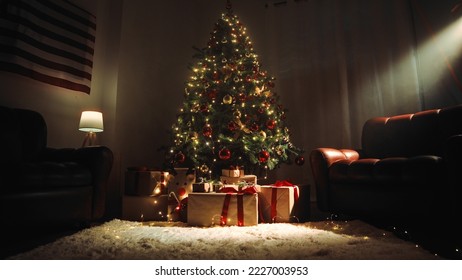 Christmas tree in a house with sofas and white carpet