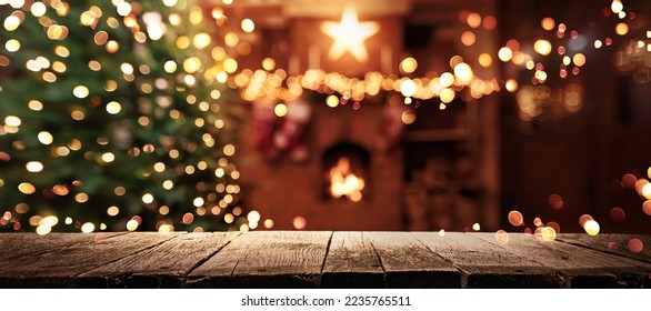Christmas Tree With Illumination Near the Fireplace. Home Decor - Shutterstock ID 2235765511