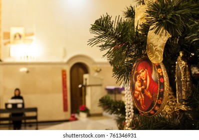 Christmas Tree. The Image Of The Virgin Mary On Christmas Ball.The Roman Catholic Church, Kazan City, Russia