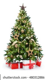 Christmas Tree With Lights And Gifts Isolated On White