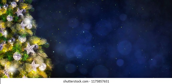 Christmas Tree With Lights At Night, Christmas And New Year Background