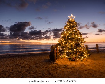 Christmas tree with lights on the beach at sunset - Powered by Shutterstock