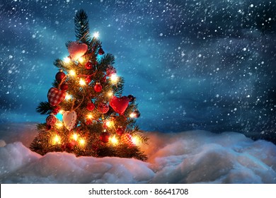 Christmas Tree With Lights In Winter