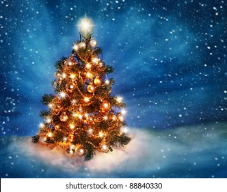 Christmas Tree With Lights In Winter