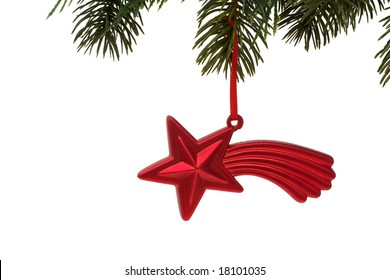 Christmas Tree Limb With Red Star Glass Ornament On White Background, Christmas Tree