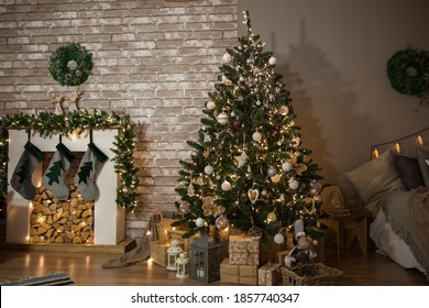 Christmas Tree In The Living Room, Festive Interior, Soft Focus