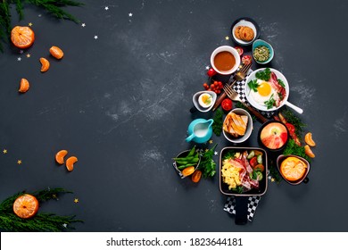 Christmas tree made of breakfast menu on grey background. Top view, Copy space