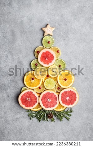Christmas tree made of citrus fruits, decorated with cranberries, rosemary and a cone. Eco friendly concept.
