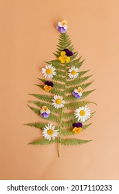 Christmas Tree Made Of Fern Leaves And Pansies And Chamomiles On Beige Background With Copy Space. New Year Concept.