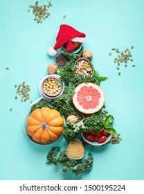 Christmas Tree Made From Healthy Food.. Vegan, Vegetarian Diet Eating. Christmas Food Background. Healthy Holiday Diet Concept