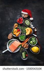 Christmas Tree Made Of Healthy Food On Black Background. Top View 