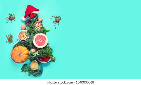 Christmas Tree Made From Healthy Food. Vegan, Vegetarian Diet Eating. Christmas Food Background. Healthy Holiday Diet Concept. Flat Lay, Top View With Copy Space