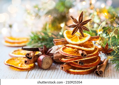 Christmas Tree Made Out Of Dried Oranges,cinnamon Sticks And Anise Star