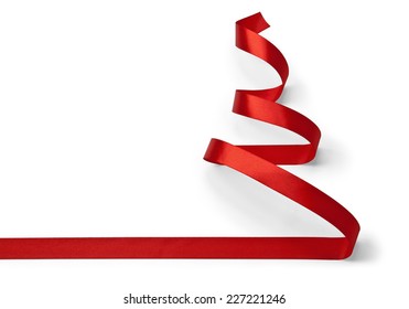 Christmas Tree Made Of Red Ribbon Isolated On White