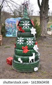 Christmas Tree Made And Used Car Tires. Problems Recycling Old Tires.