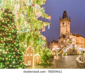 Christmas tree in magical city of Prague at night, Czech Republic