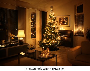 Christmas Tree In Modern Living Room Warm Feeling