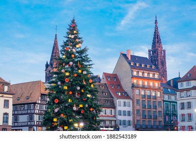 Christmas Tree Near The Cathedral In Strasbourg, France, Christmas Time