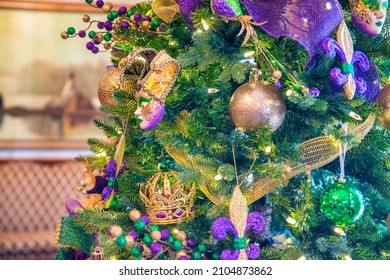 Christmas Tree With New Orleans Colors. Holiday And Carnival Concept