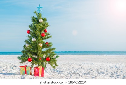 Christmas Tree On The Beach. Gift Boxes On Sand Beach Shore. Decorated Pine Or Fir Tree. Merry Christmas Celebration Party On Background Ocean. Winter Vacations In Florida. Sunny Day. Happy New Year. 