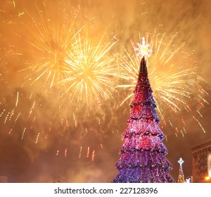 Christmas Tree On A Fireworks Background In Kharkov 